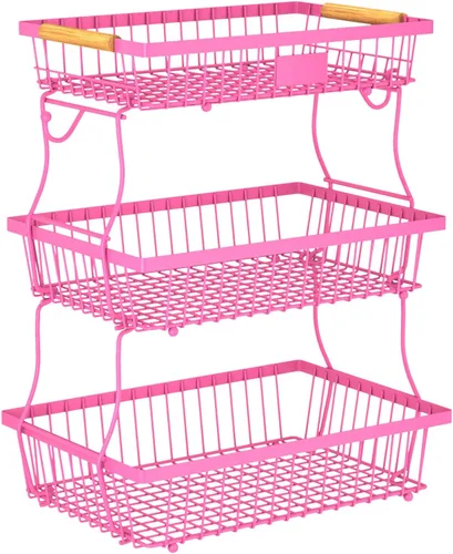 Miniatura 11 de Cesta de frutas de 2 niveles para encimera de cocina con 2 ganchos para plátanos, cesta de pan de metal para encimera con mango de madera, soporte
