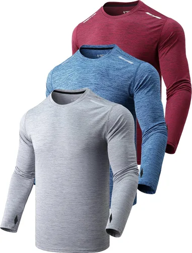 Paquete de 3 camisetas de manga larga para hombre ajuste seco casual senderismo rendimiento atléticas activas con agujeros para el pulgar