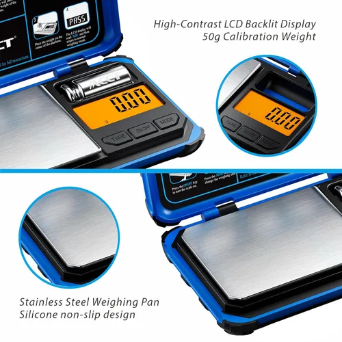 Miniatura 3 de Báscula de bolsillo de precisión, 7.05 oz x 0.00 oz, báscula digital de alimentos con pantalla LCD, conversión de un solo clic, 6 unidades, mini Azul