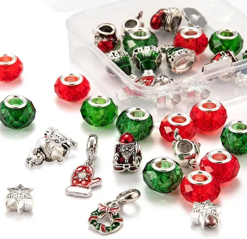 Miniatura 5 de KISSITTY Juego de 36 cuentas europeas de Navidad de 4 a 0.197 in, agujero grande de aleación y vidrio, rondelle facetado, surtido de cuentas