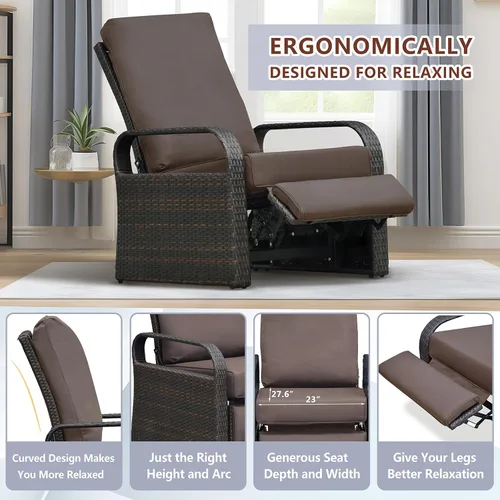 Miniatura 6 de Babylon Sillón reclinable de mimbre para exteriores, silla reclinable ajustable para patio con cojines de 14 cm de grosor y otomana, resistente a
