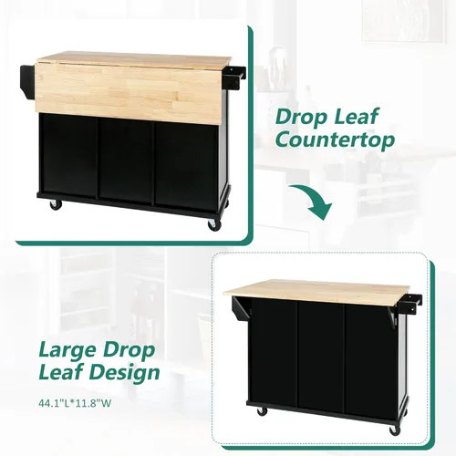Miniatura 5 de LUMISOL Isla de cocina rodante con hoja abatible, carrito de cocina sobre ruedas con 3 cajones y 2 gabinetes, isla trolley portátil de madera