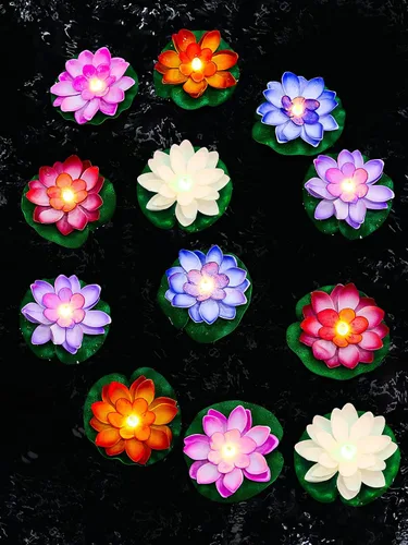 Miniatura 11 de Hortsun 9 luces flotantes de loto con pilas, almohadillas de lirio, flores de piscina, velas flotantes, decoración de plantas de estanque