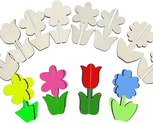 40 PIEZAS 3D de Moldes de Madera en Blanco para Manualidades, Flores de Primavera de Tulipán para Pintura Infantil, Decoración DIY para Habitación,