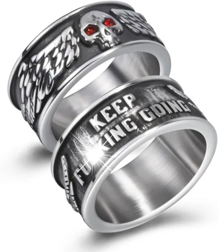 Miniatura 6 de Anillos de calavera gótica vintage para hombres y mujeres, acero inoxidable, ónix negro, anillo de póquer, anillo de esqueleto plateado