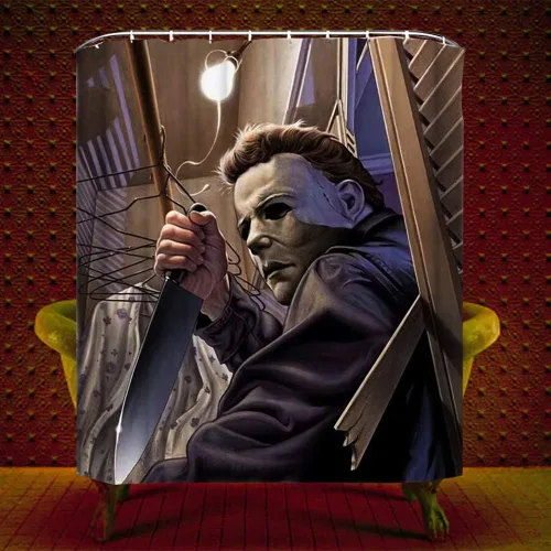 Miniatura 2 de Juego de cortinas de ducha de Halloween para baño, diseño de asesino del mal miedo Michael Myers, decoración de tela de poliéster con ganchos