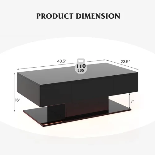 Miniatura 3 de Tangkula Mesa de centro LED con 2 cajones, mesa central moderna de alto brillo, luces LED regulables de 20 colores y control remoto, mesa auxiliar