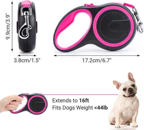 Miniatura 2 de Segarty Correa retráctil rosa para perro, correa de perro resistente de 16 pies para perros medianos y pequeños de hasta 44 libras, mango