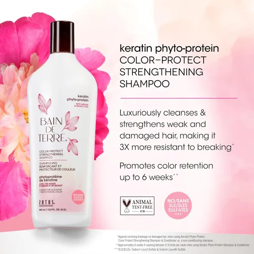 Miniatura 3 de Bain de Terre Champú fortalecedor de queratina fito-proteína para proteger el color, fortalecimiento seguro para cabello débil y dañado, sin
