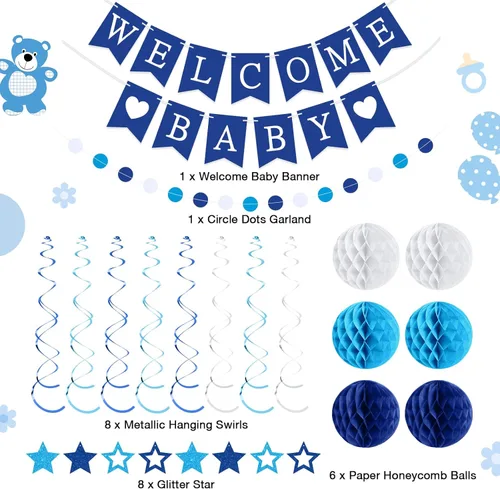 Miniatura 3 de WinnerWhy 25 piezas de decoración de baby shower para niño, pancarta azul de bienvenida para bebé con estrellas con purpurina, remolinos colgantes