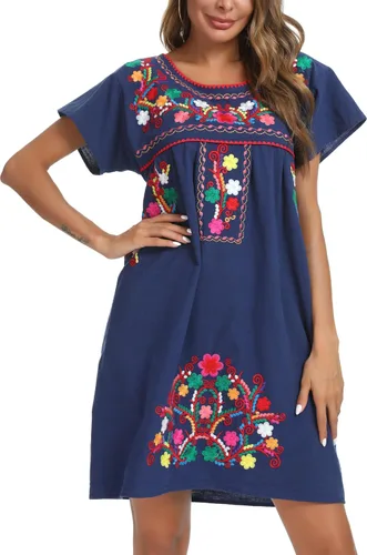 Miniatura 8 de YZXDORWJ - Vestido mexicano bordado de manga corta para mujer