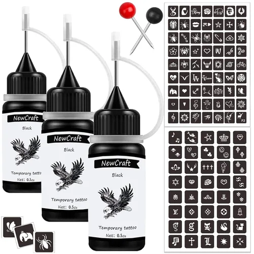 3 paquetes de tinta y plantillas de tatuaje temporales negras para adultos y adolescentes, kit de tatuaje temporal respetuoso con la piel NEGRO*3