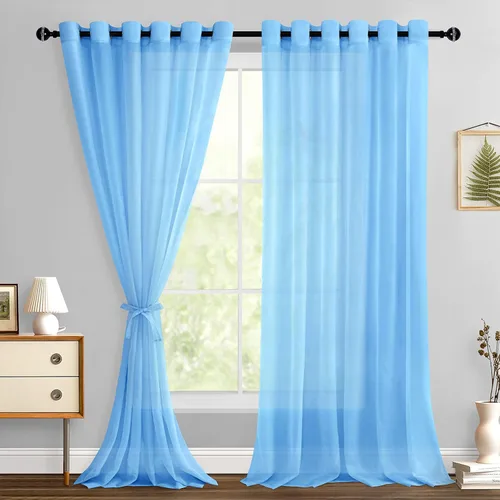 Miniatura 187 de Hiasan - Cortinas traslúcidas de gasa cortas semitransparentes con ojales y alzapaños filtrantes de luz para ventana, dormitorio, baño, 2 paneles