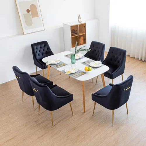 Miniatura 5 de Juego de 2 sillas de comedor modernas, sillas de comedor tapizadas de mediados de siglo, sillas de comedor de terciopelo con patas doradas para Negro