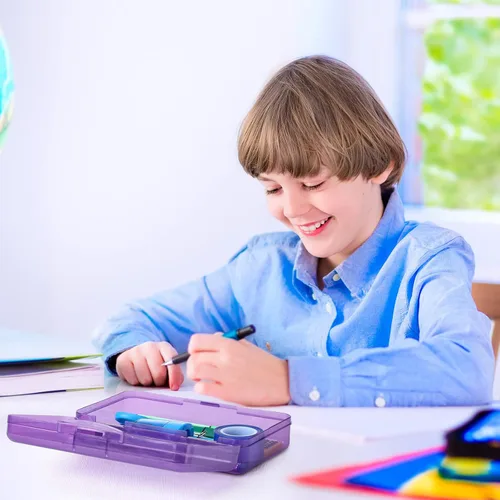 Miniatura 6 de Leelosp Paquete de 12 cajas de lápices transparentes para la escuela, estuche grande de plástico con tapa, caja de almacenamiento apilable de crayón