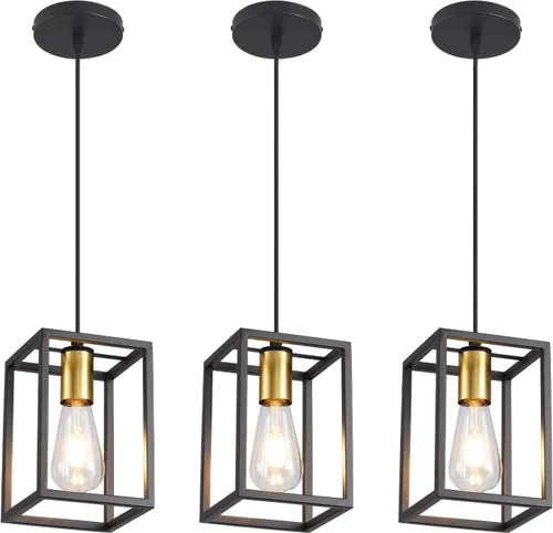 Miniatura 12 de Luces colgantes negras para isla de cocina, lámpara colgante de farol industrial con pantalla de vidrio transparente, iluminación colgante de altura