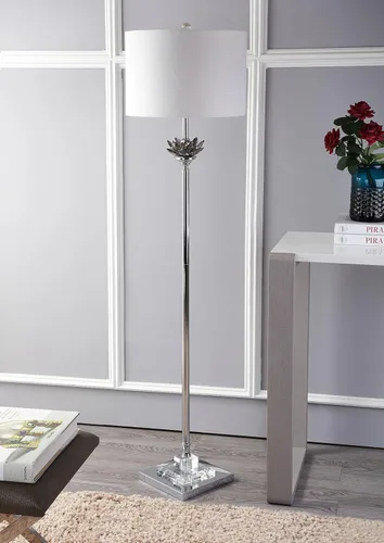 Miniatura 6 de JONATHAN Y Lámpara de pie LED cromada y cristal gris ahumado de 59 pulgadas, lámpara de pie contemporánea con pantalla de tambor de lino blanco