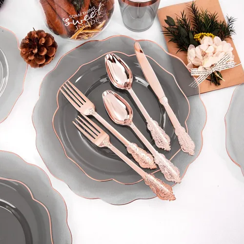 Miniatura 4 de BUCLA Platos de plástico negro transparente para 30 invitados con cubiertos y tazas de oro rosa, vajilla de plástico con borde de oro rosa ideal