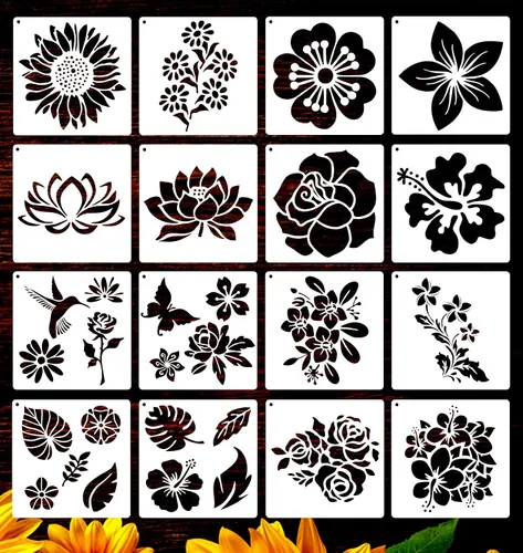 Sotpot 16 plantillas de flores para dibujar flores grandes, plantillas de pintura, plantillas de bricolaje para pared de madera, decoración del hogar