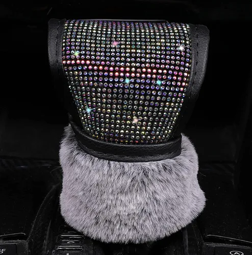 Miniatura 5 de Funda de felpa para pomo de palanca de cambios automática con purpurina de cristal brillante y diamantes de imitación para niñas y damas, ajuste