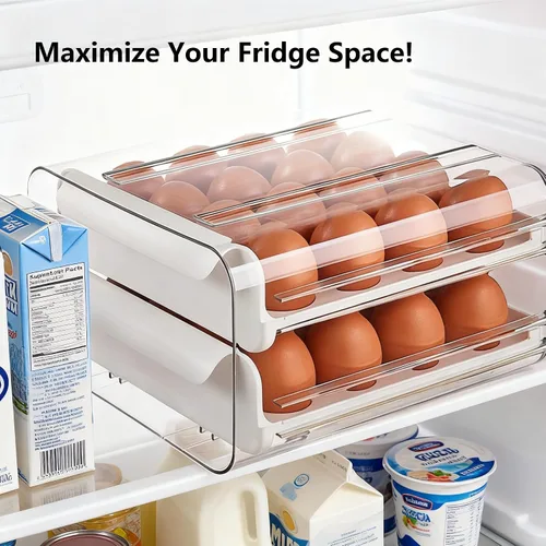 Miniatura 5 de Cajón de huevos para refrigerador 32 huevos, soporte para huevos apilable transparente de 2 niveles con cajón para refrigerador, caja de Blanco