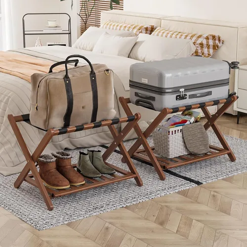 Miniatura 17 de Smart FENDEE Portaequipajes negro totalmente montado, soporte para maleta con estante para zapatos, soporte de equipaje plegable de madera
