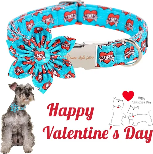 Miniatura 3 de Unique style paws Collar de perro para el día de San Valentín con lazo de flores, collar de cachorro de corazón azul, el mejor regalo para niños