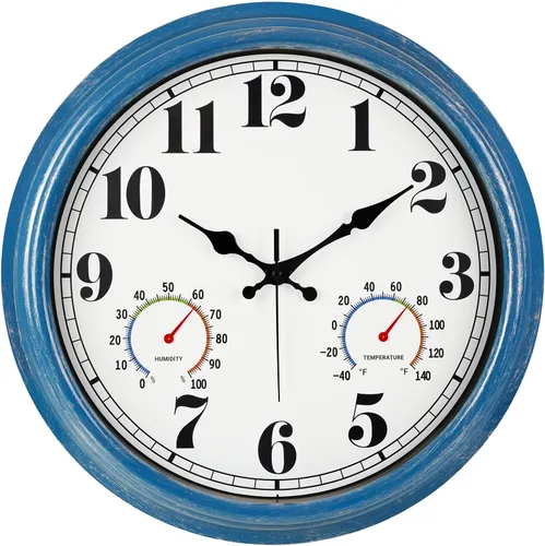 Miniatura 9 de JENLYSTIME Reloj de pared retro impermeable de 12 pulgadas para interior/exterior con termómetro, silencioso, redondo, de cuarzo, funciona con 40