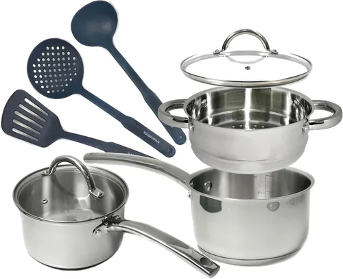Miniatura 6 de Cacerola de acero inoxidable Tapa de vidrio Fundición Mango de acero Inducción Impacto Bonded 8 PCS Set Vapor