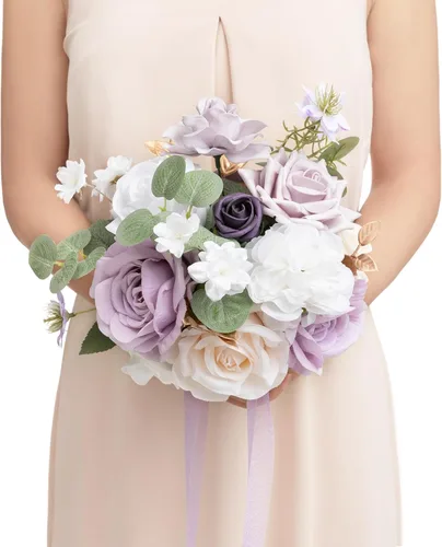 Miniatura 22 de Ling's moment Ramos de flores artificiales de rosas y azules polvorientas para damas de honor, ramo floral azul marino, ramos de dama de honor
