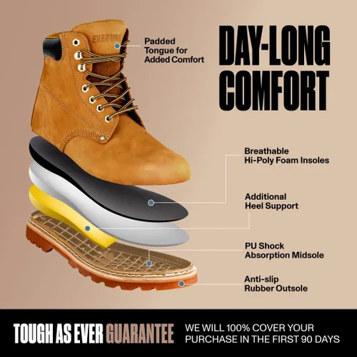 Miniatura 3 de Botas de trabajo para hombre con puntera suave, botas de cuero de 6 pulgadas para construcción, suela de goma, botas de trabajo para hombre, botas
