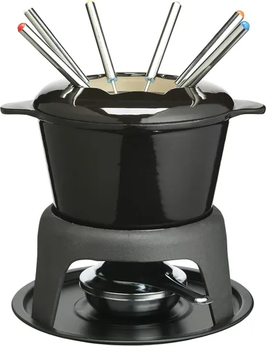 MasterClass - Juego de fondue de hierro fundido, 8.3 x 7.1 in, para queso, chocolate y carne, esmalte recubierto con quemador y 6 tenedores