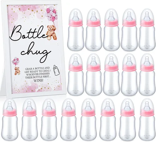 Roowest Bottle Chug Baby Shower Games Favores que incluyen 18 botellas con 1 botella de chug de madera para revelación de género, suministros de Rosa