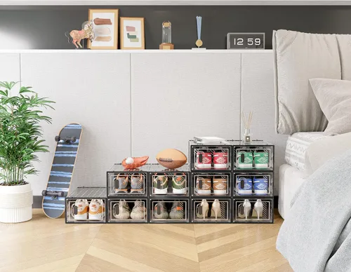 Miniatura 8 de SIMPDIY Almacenamiento de zapatos, paquete de 12 organizadores de zapatos para armario, cajas de zapatos apilables de plástico transparente con Negro