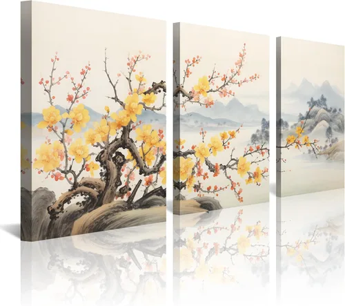 Miniatura 19 de Arte de Pared de Acuarela de Estilo Asiático Tradicional Chino Pájaro en Rama de Flor de Cerezo Roja Decoración Paisaje Floral Oriental Pintura