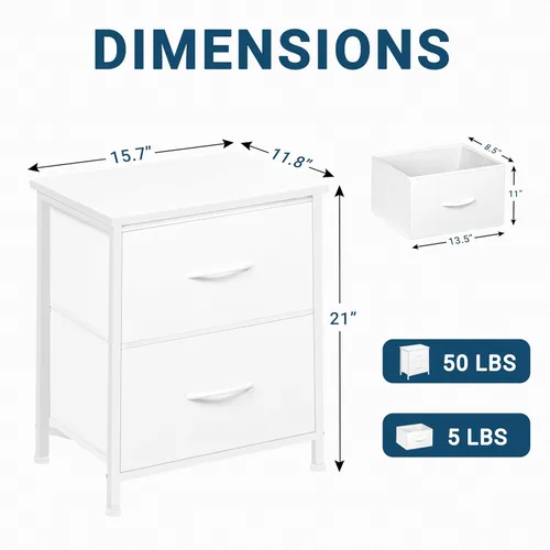Miniatura 2 de LOFTEY Mesita de noche blanca, mesita de noche con 2 cajones de tela, mesita de noche para niños pequeños para dormitorio, mesa auxiliar de cama
