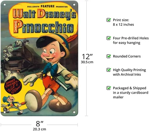 Miniatura 2 de Disney's Pinocho - Cartel de metal vintage con Jiminy Cricket - Cartel de metal vintage c.1940-8 x 12 pulgadas