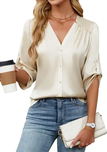 Blooming Jelly Camisas con botones para mujer de manga 3/4, tops casuales elegantes, blusas de negocios de satén de seda plisado 2025