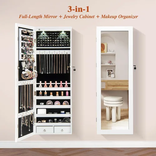 Miniatura 18 de Giantex Armario de joyería para puerta de pared con espejo de longitud completa, 2 LED con cerradura grande organizador de joyas con espejo ancho