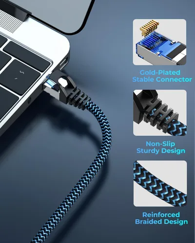 Miniatura 6 de Cable Ethernet Cat8 de 3 pies, paquete de 5 unidades, alta velocidad 40Gbps 2000MHz, trenzado, azul, compatible con enrutador, módem, laptop, PC