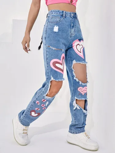 Miniatura 4 de Floerns Pantalones de mezclilla rectos con estampado de cintura alta y pierna ancha para mujer
