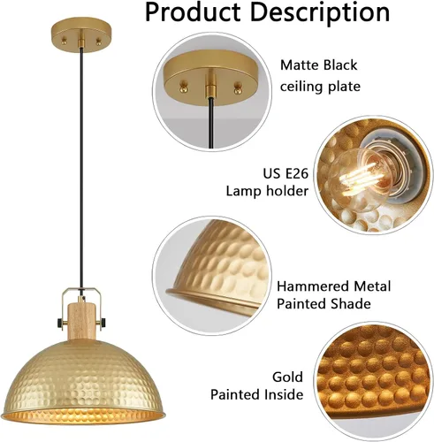 Miniatura 3 de Luces colgantes doradas de 12 pulgadas, luces colgantes mate martilladas para isla de cocina, granja industrial, altura ajustable, lámparas Dorado