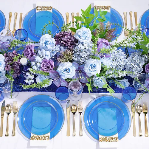 Miniatura 4 de YOUBET 175 PIEZAS Platos de Plástico Azul Transparente - Platos Desechables Azules y Dorados Incluyen 50 Platos, 75 Cubiertos, 25 Vasos, 25