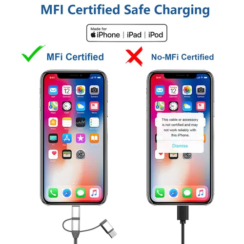 Miniatura 5 de Adaptador de cable de carga 3 en 1, Lightning certificado MFi de Apple, tipo C, cable micro USB, compatible con iPhone 16/15/14, iPad, Huawei, HTC