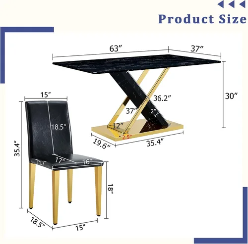 Miniatura 2 de YUNDREAM - Juego de mesa de comedor moderna de mármol para 4, mesa de comedor de oro negro de 63 pulgadas con marco cromado en forma de X y sillas