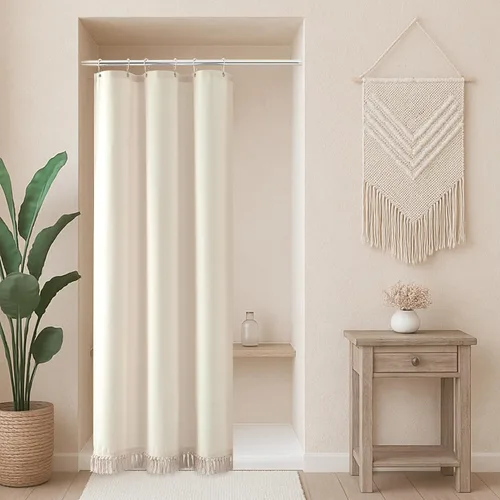 Pequeña cortina de ducha blanca estilo boho de tela, 36x72 media talla, cortina de baño minimalista de tela con textura, acolchada, en zigzag, rayada