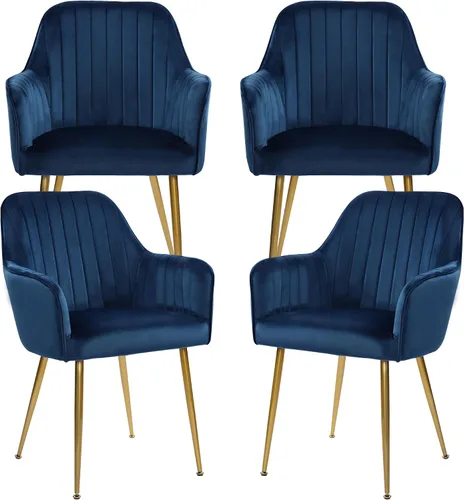Miniatura 12 de Juego de 2 sillas de comedor de terciopelo, sillas decorativas tapizadas con patas chapadas en oro para sillas de sala de estar (azul)