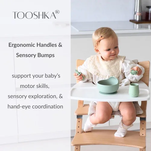Miniatura 5 de Tooshka® Juego de utensilios para bebés (3 piezas) – Cucharas autónomas y taza pequeña – Silicona y BPA – Suministros de destete para bebés (BLW)