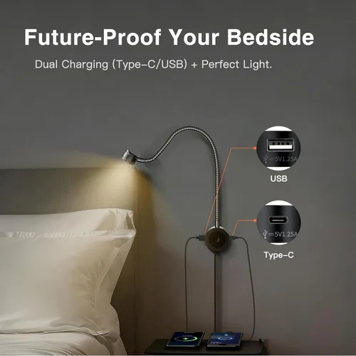 Miniatura 5 de VST Luz de lectura de cama montada en la pared, lámpara de lectura de cabecera con certificación ETL, luz de cabecera regulable táctil con puertos