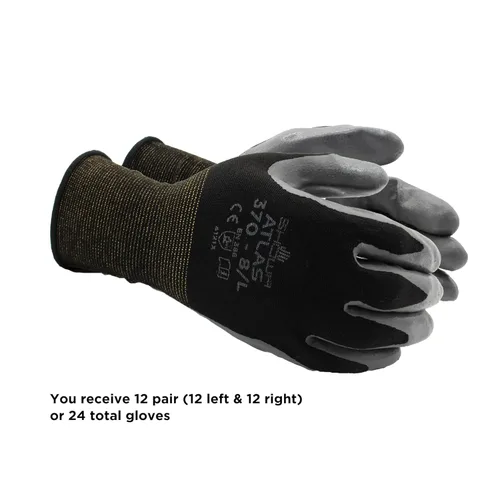 Miniatura 3 de SHOWA Atlas 370 Guantes de Trabajo de Uso General con Palma Recubierta de Nitrilo con Forro de Nylon, Negro, Grande (12 Pares)